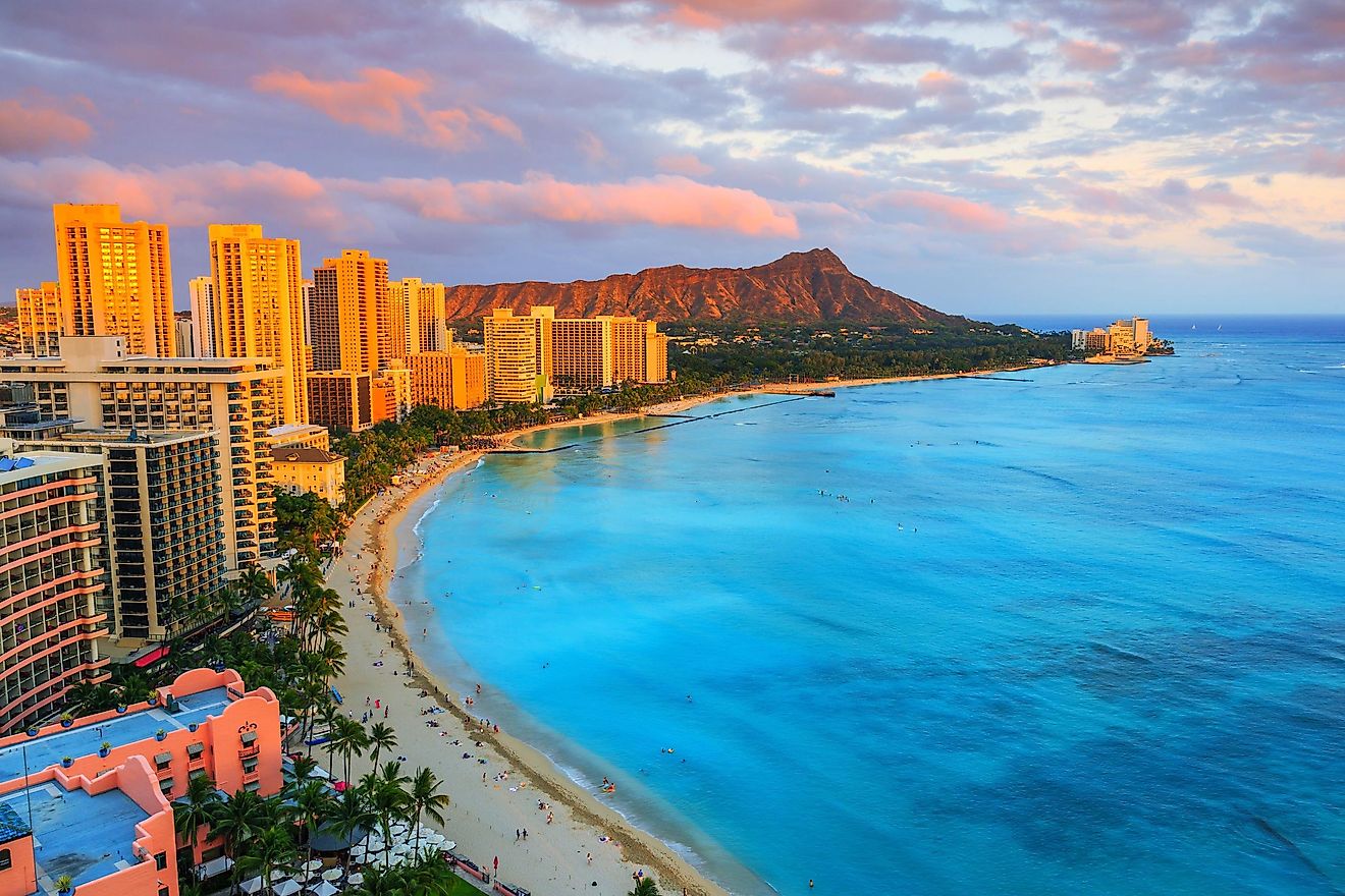 Honolulu, Hawaii. Skyline of Honolulu, Diamond Head volcano including the hotels and buildings on Waikiki Beach.