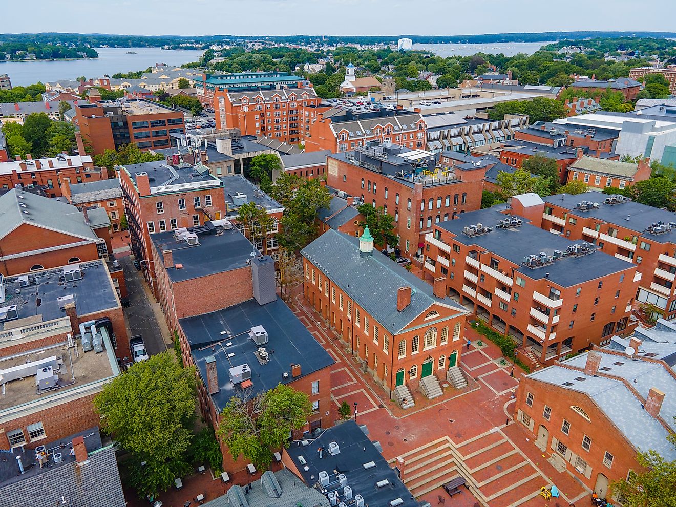 Aerial view of the old town hall and historic brick buildings in Salem, Massachusetts.