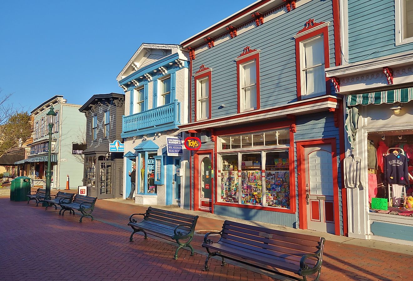 View of the Washington Street Mall, a pedestrian shopping area in downtown Cape May, at the southern tip of Cape May Peninsula on the New Jersey shore. Image credit EQRoy via Shutterstock