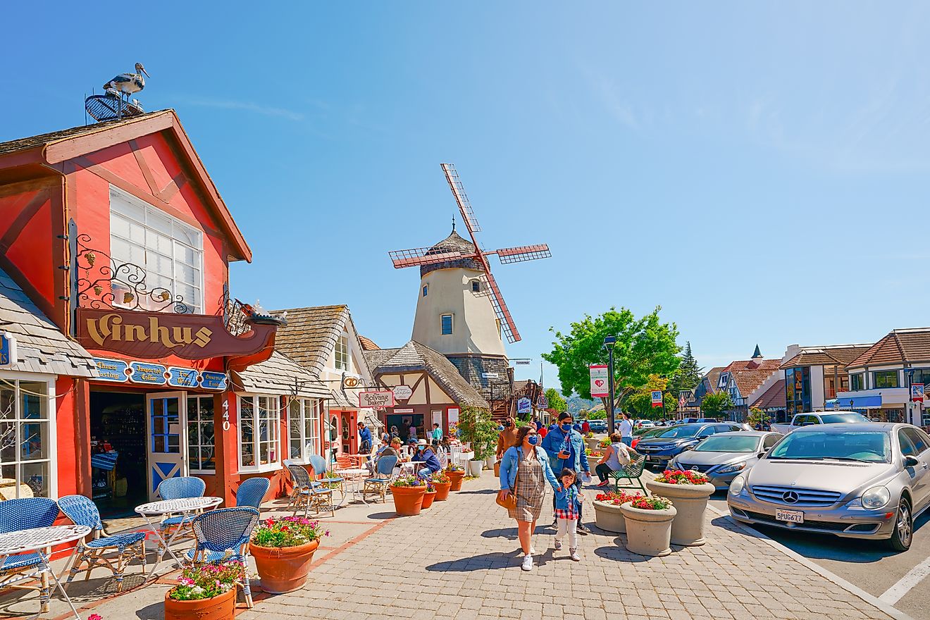 People walking along the Main Street in Solvang, California. Editorial credit: HannaTor / Shutterstock.com