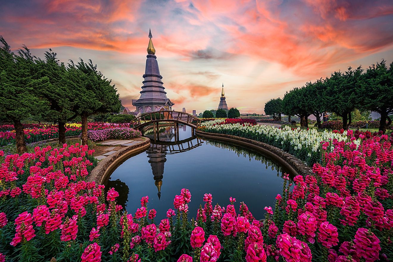 A stunning view of Doi Inthanon National Park in Chiang Mai, Thailand, featuring the majestic twin pagodas, Phra Mahathat Naphamethanidon and Nophamethanidon.