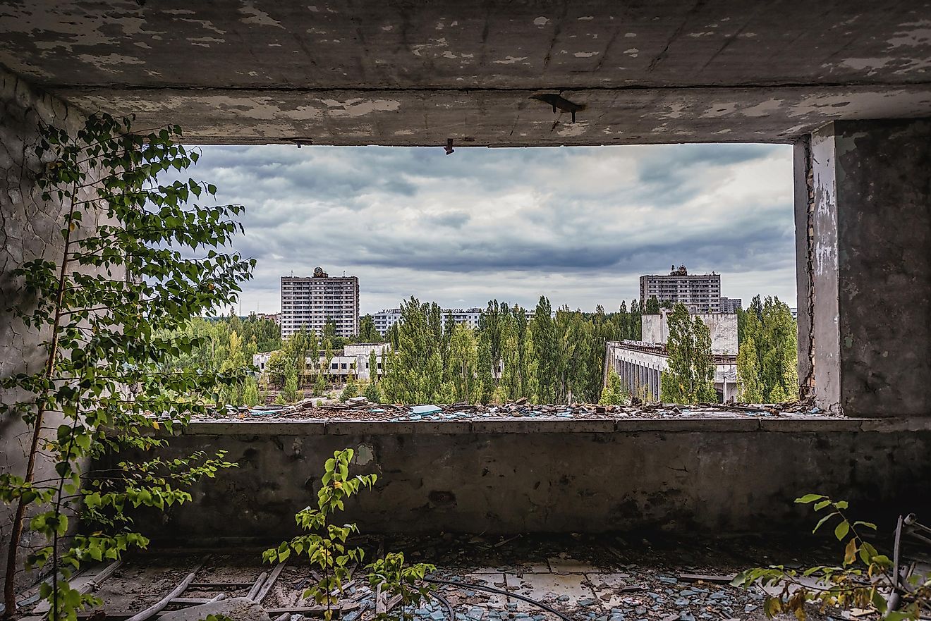 Inside the abandoned hotel in Pripyat city, located within the Chernobyl Exclusion Zone, Ukraine.