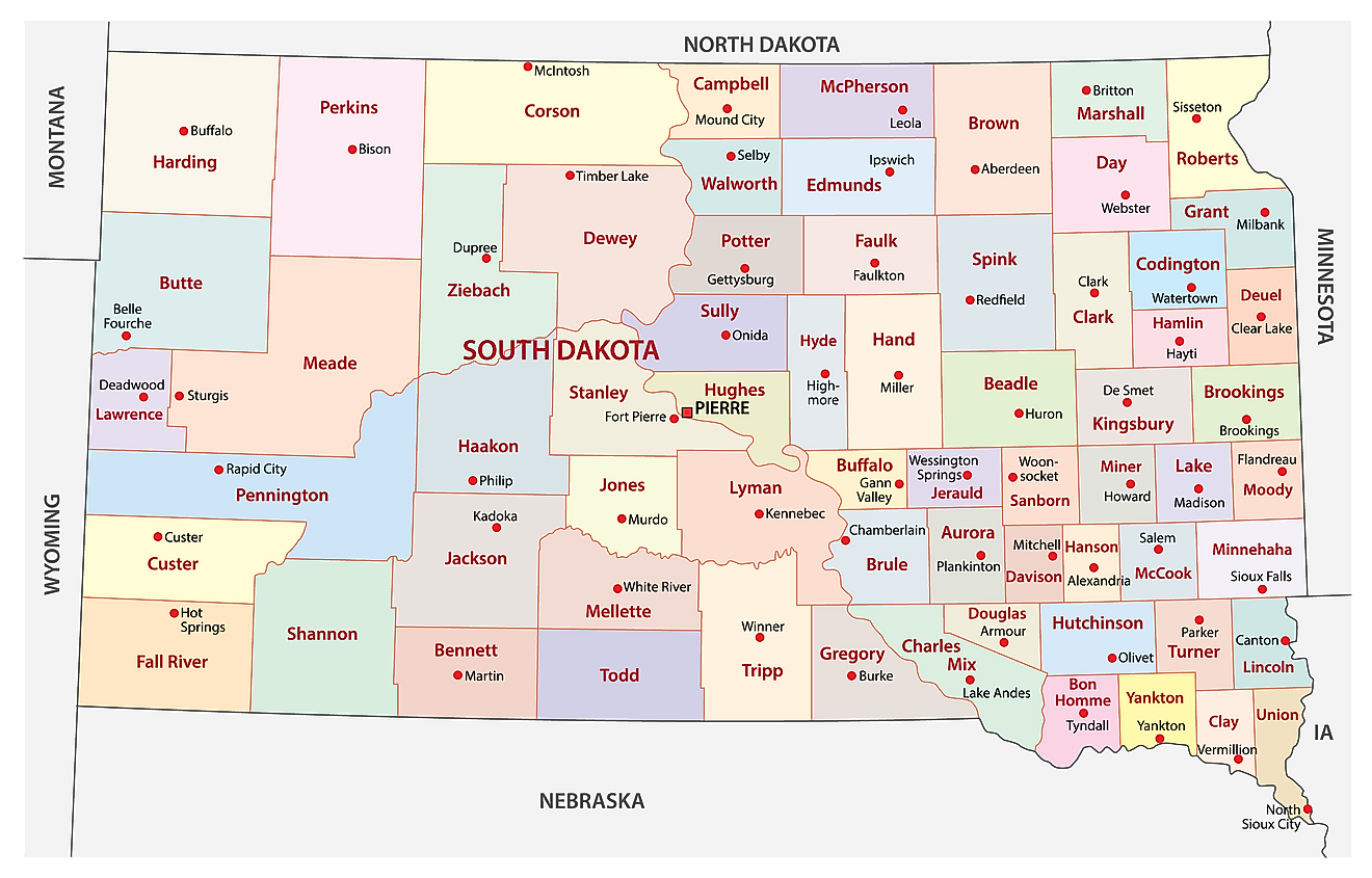 南达科他州行政地图，显示其 66 个县和首府 - 皮埃尔