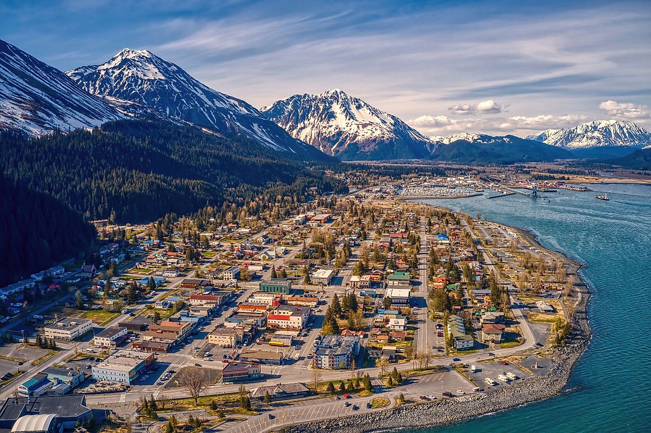 Aerial view of Seward, Alaska in early summer.