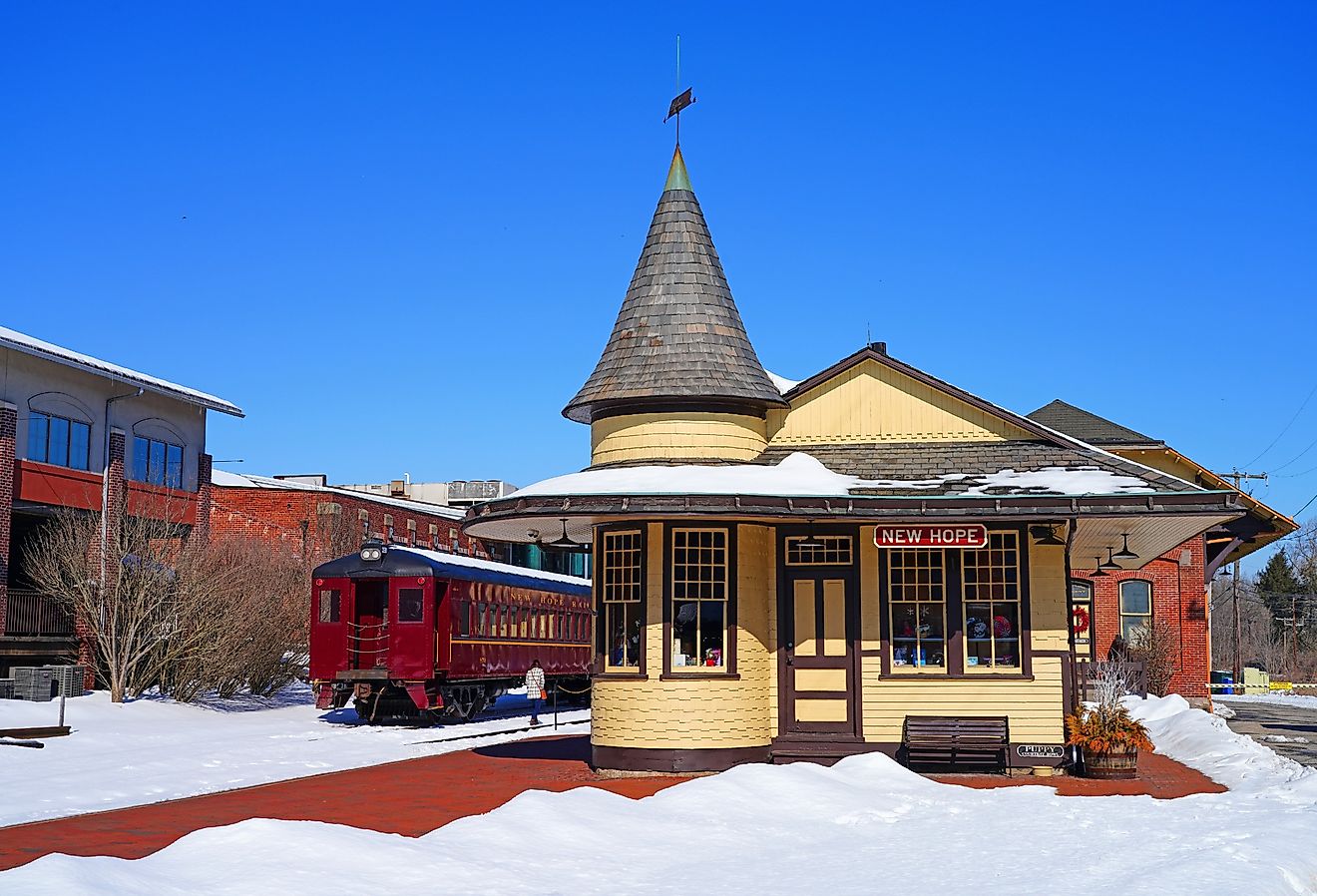 Winter view of the New Hope and Ivyland rail road, New Hope, Pennsylvania.