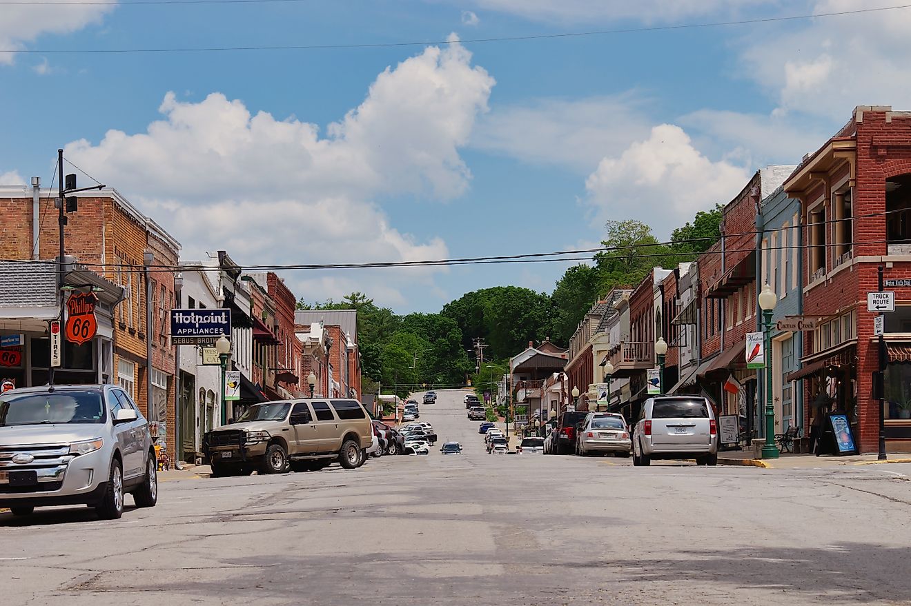 Downtown Main Street in Weston, Missouri, with its local businesses.Editorial credit: Matt Fowler KC / Shutterstock.com.