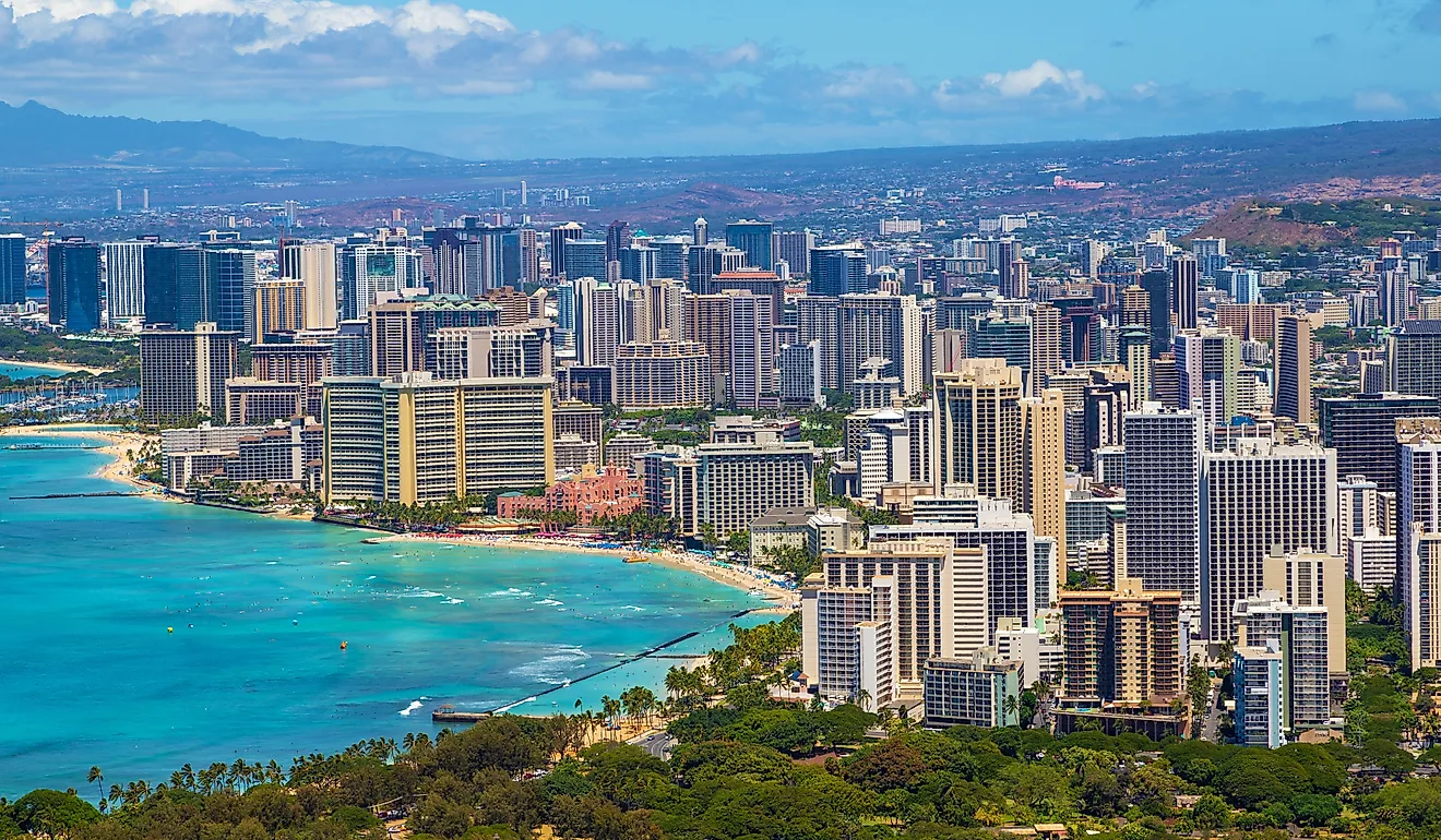  Skyline of Honolulu city as seen from Diamond Head State Monument lookout, with Waikiki beach landscape and ocean views.