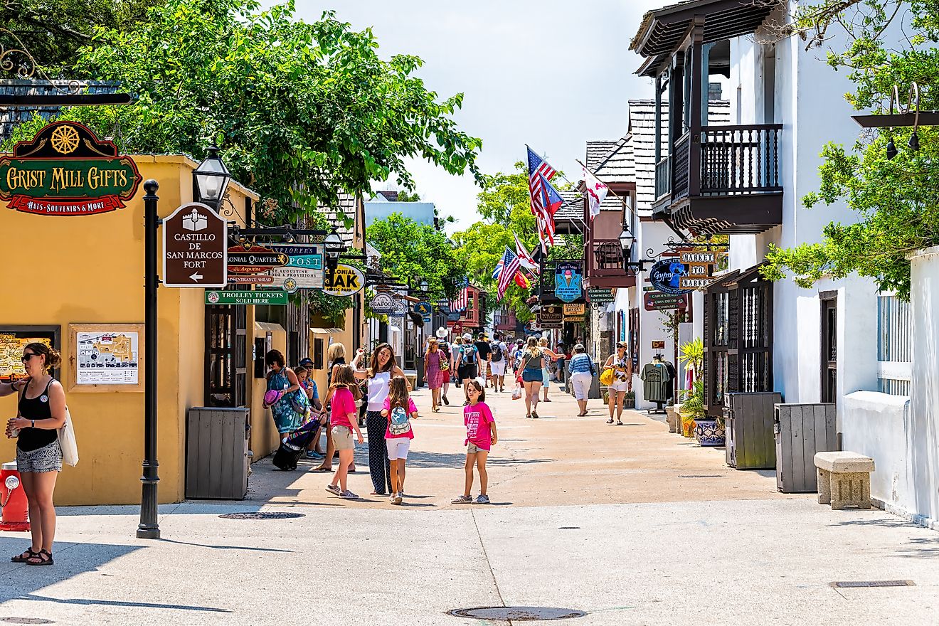 St. Augustine, Florida: People walking and shopping at Florida city St George Street, via Andriy Blokhin / Shutterstock.com