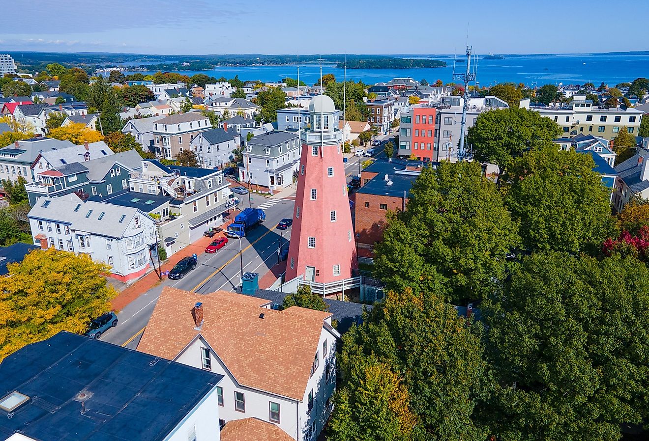 Portland Observatory aerial view at 138 Congress Street on Munjoy Hill in Portland, Maine.