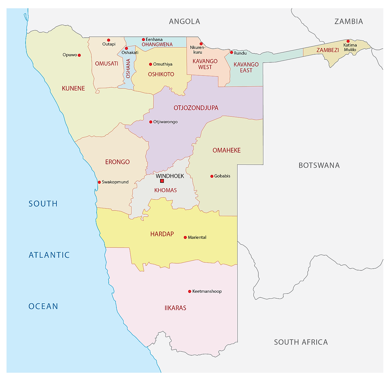 Political Map Of Regions In Namibia