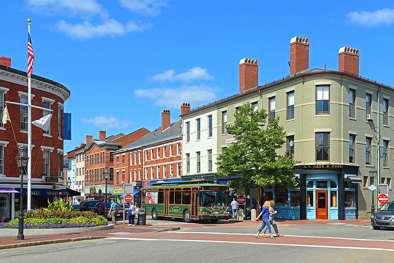 Historic buildings on Market Street in downtown Portsmouth, New Hampshire. Editorial credit: Wangkun Jia / Shutterstock.com.