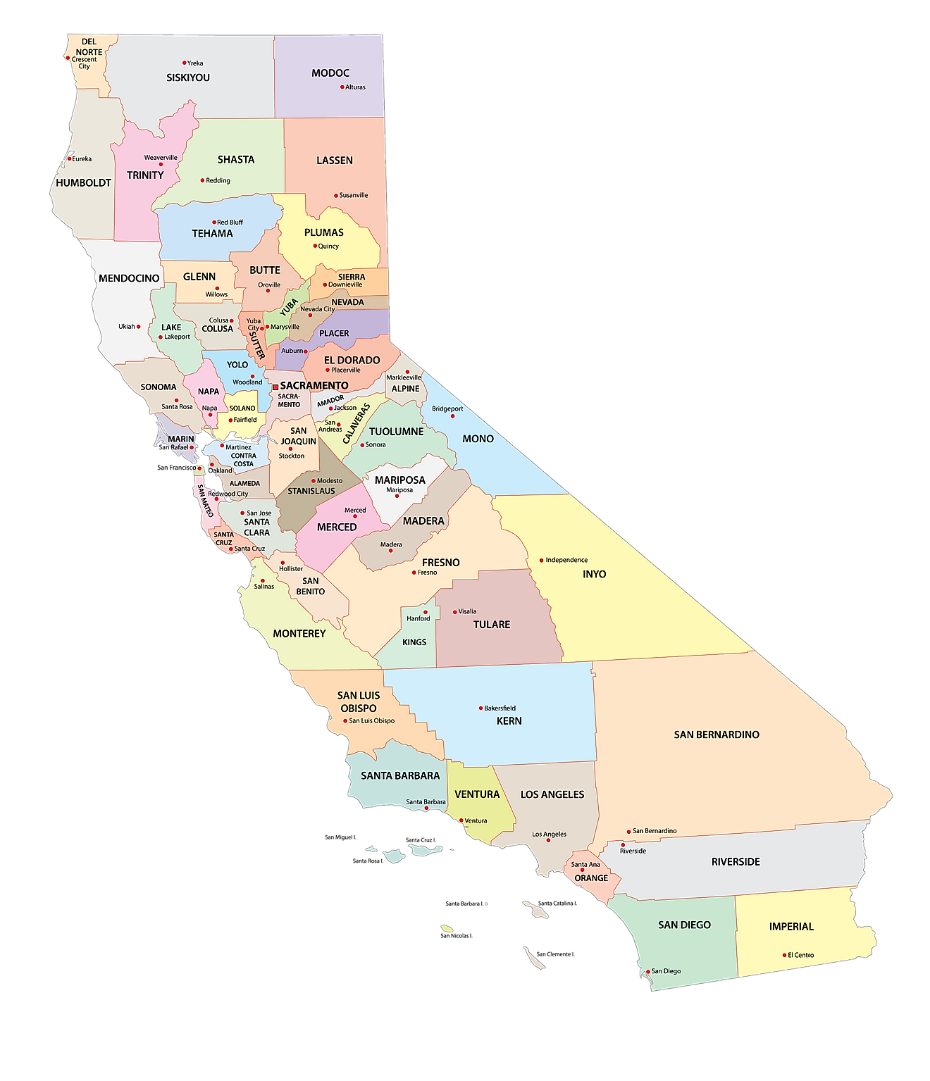 Mapa administrativo de California que muestra sus 58 condados y la ciudad capital - Sacramento
