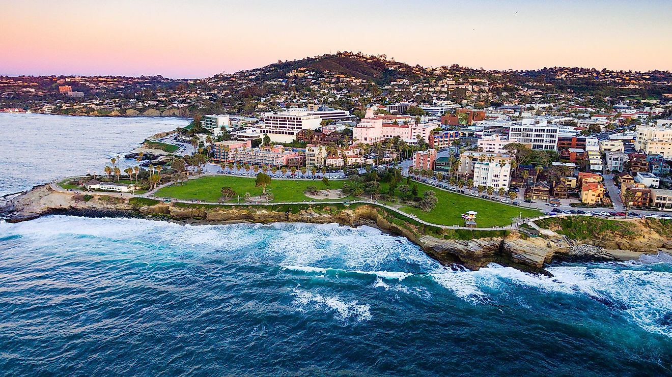 Birds eye view of Carlsbad village and miles of beach in north county San Diego California