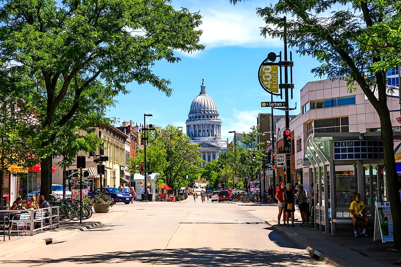 View of State street looking towards the State Capitol building in Madison, Wisconsin, via csfotoimages / iStock.com