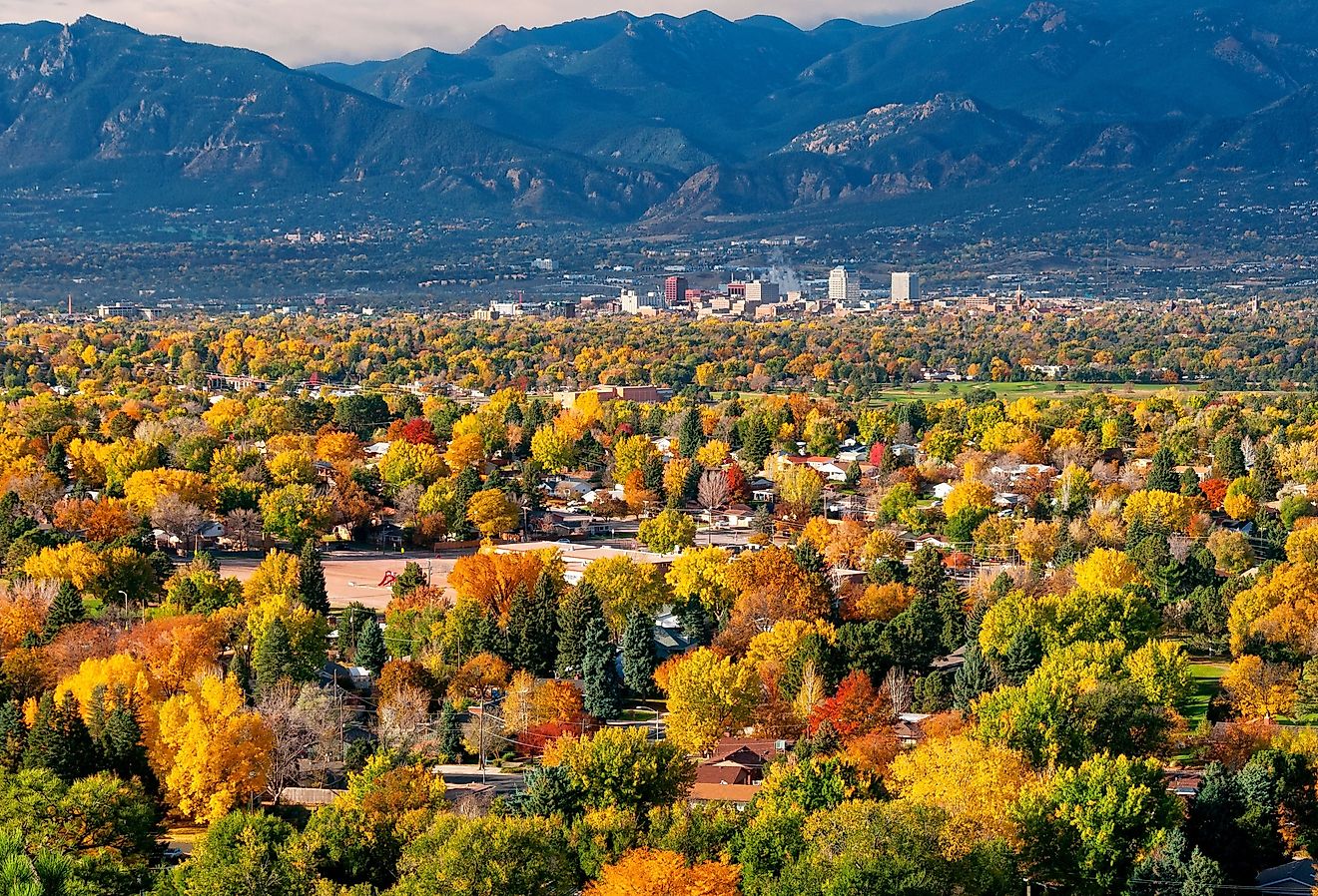 owntown Colorado Springs as seen from Grandview Lookout in Palmer Park in autumn.