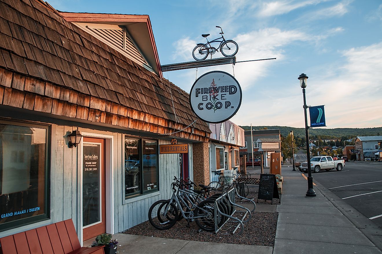 Fireweed Bike Co. and P. Welcome Frame Shop in Grand Marais, Minnesota. By Tony Webster, Wikimedia Commons