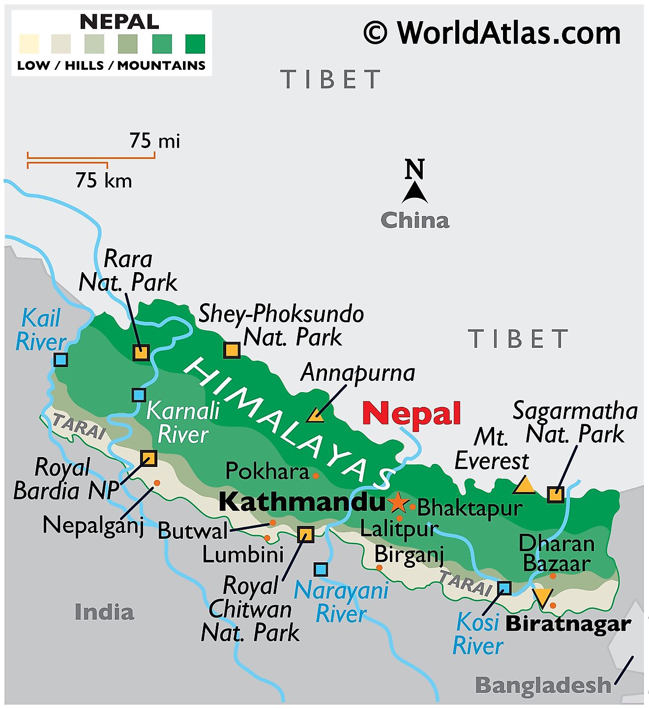 Large Physical Map Of Nepal With Roads Cities And Airports Nepal My ...