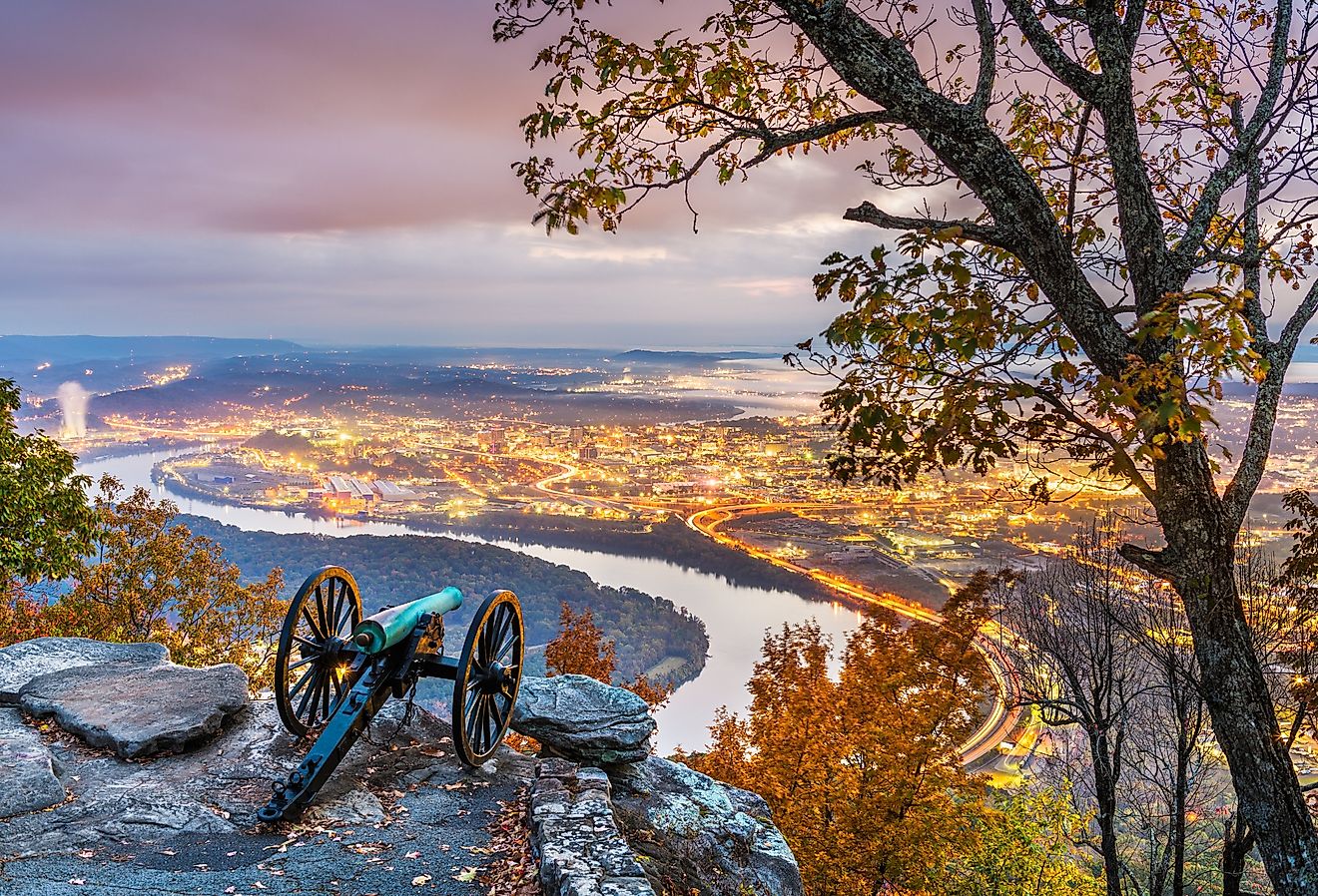 Chattanooga, Tennessee, view from Lookout Mountain at twilight in the fall.