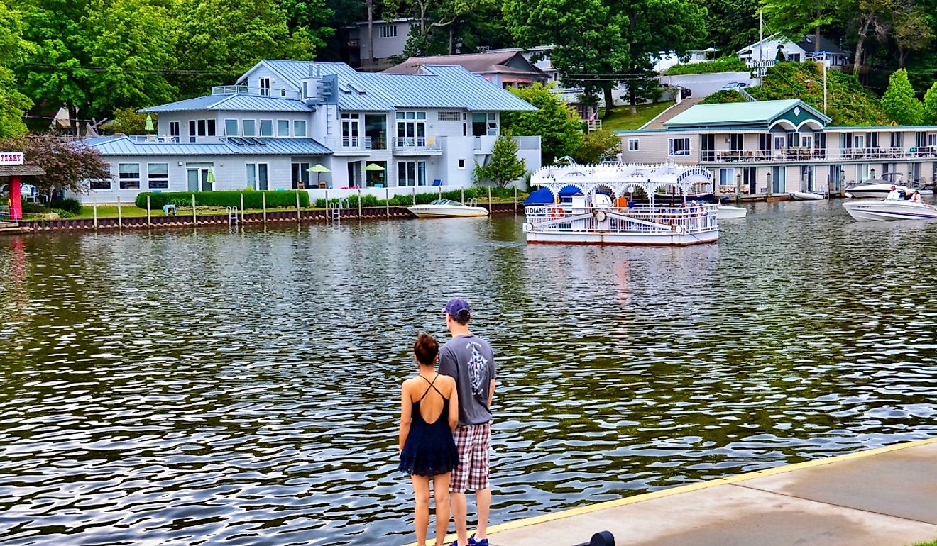 Waterfront buildings near the entrance to the Oval Beach on Lake Michigan in Saugatuck, Michigan.