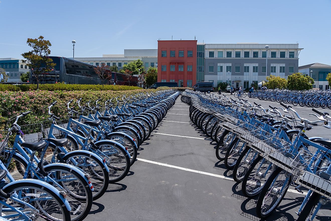 Many bicycles at the parking lot of Meta headquarters in Menlo Park, California. JHVEPhoto - stock.adobe.com.