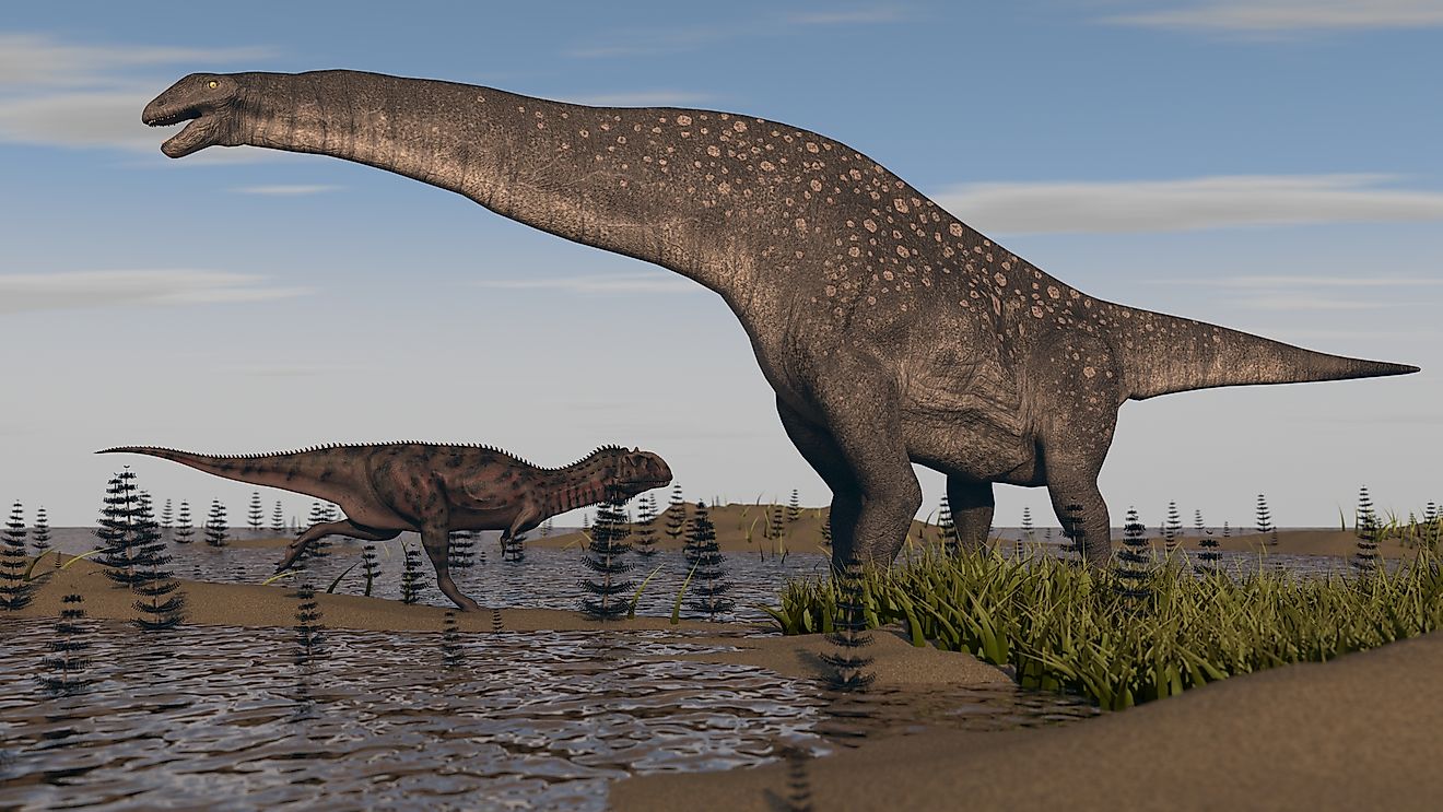 3D rendering of a titanosaur in swamp grass.