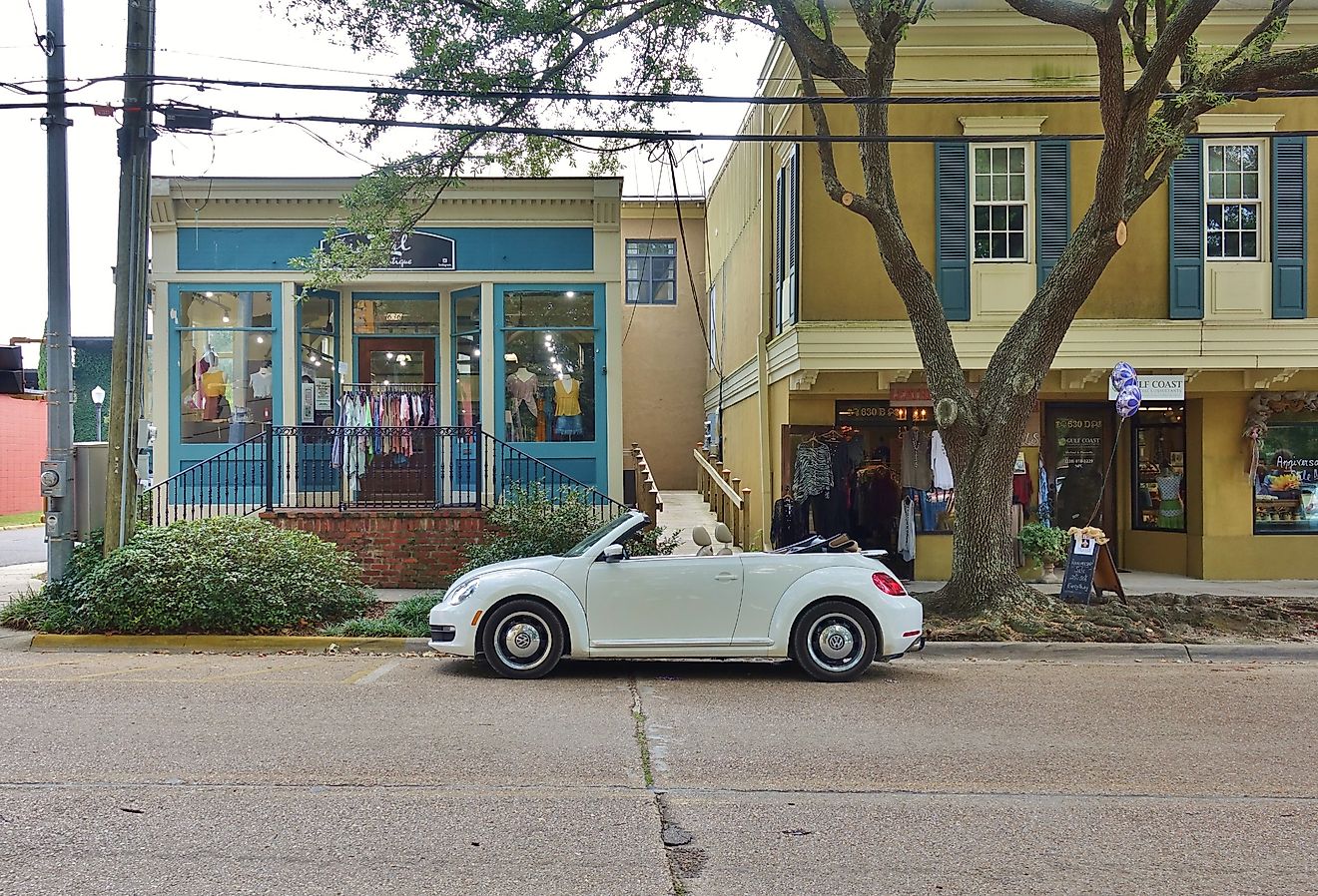 Cozy downtown street in Ocean Springs, Mississippi.