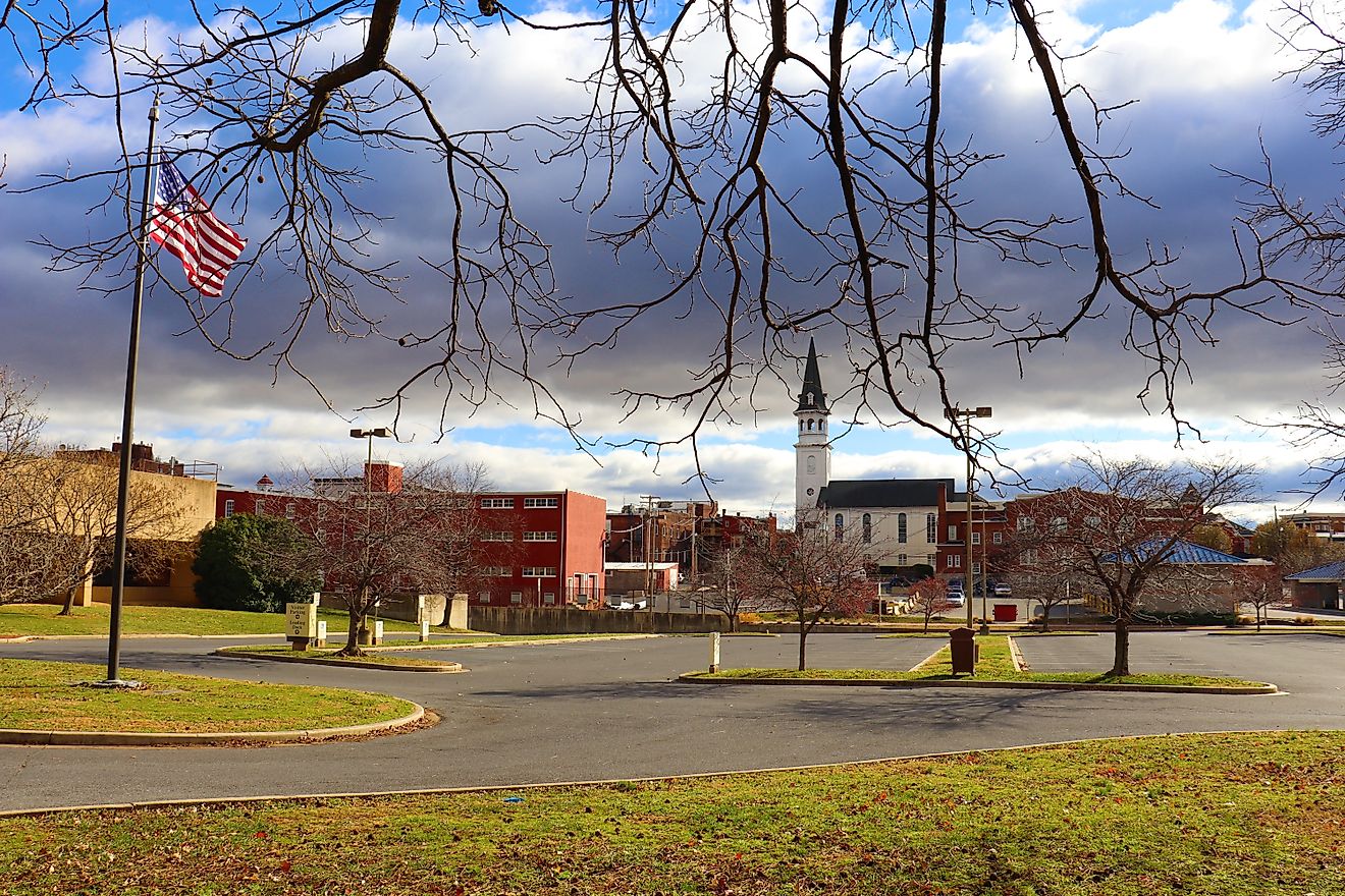 Picturesque Hagerstown, Maryland, with tree branches in the upper foreground. 