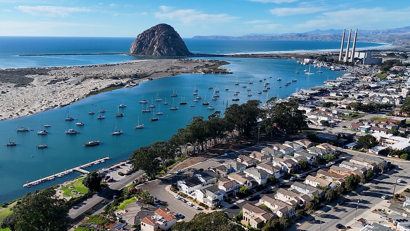 Downtown Morro Bay, California, featuring coastal views and the iconic beach. Editorial credit: ByDroneVideos / Shutterstock.com