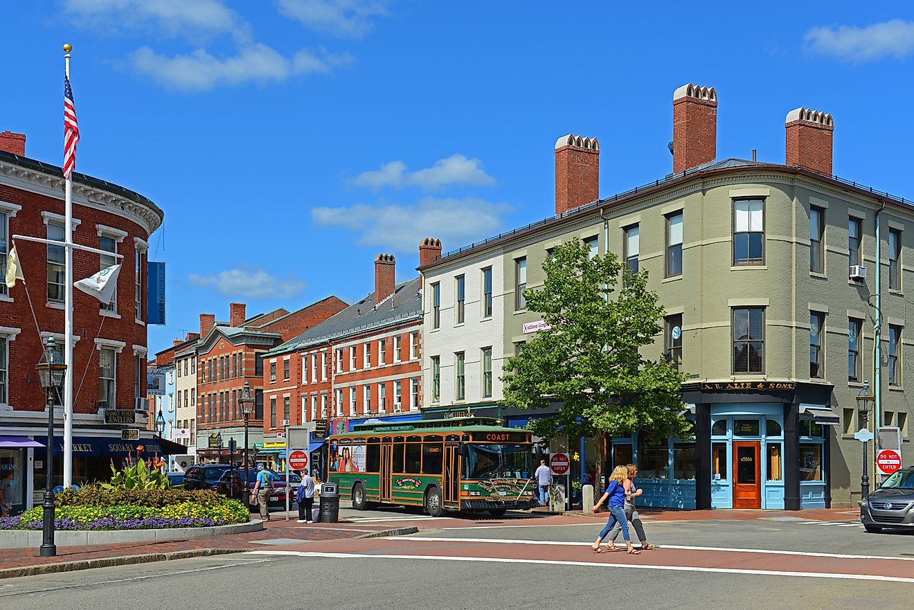 Historic buildings on Market Street in downtown Portsmouth, New Hampshire. Editorial credit: Wangkun Jia / Shutterstock.com