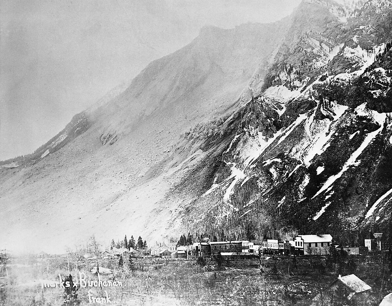 The town of Frank, Alberta on April 30, 1903, one day after the Frank Slide.