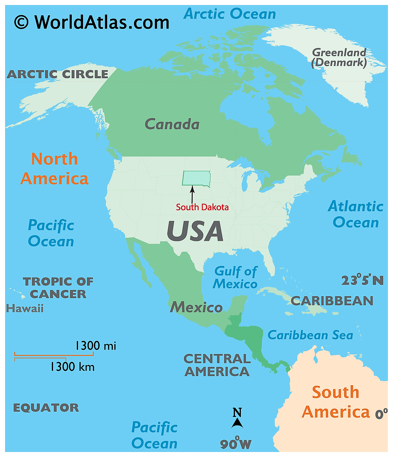 显示南达科他州在世界上的位置的地图。