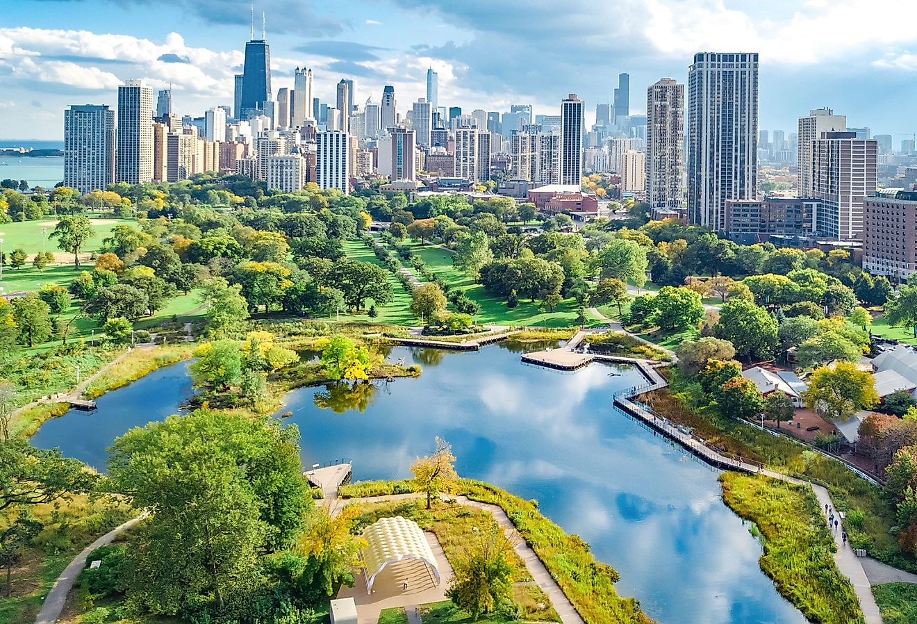 Chicago skyline aerial drone view from above, lake Michigan and city of Chicago downtown skyscrapers cityscape bird's view from park, Illinois.