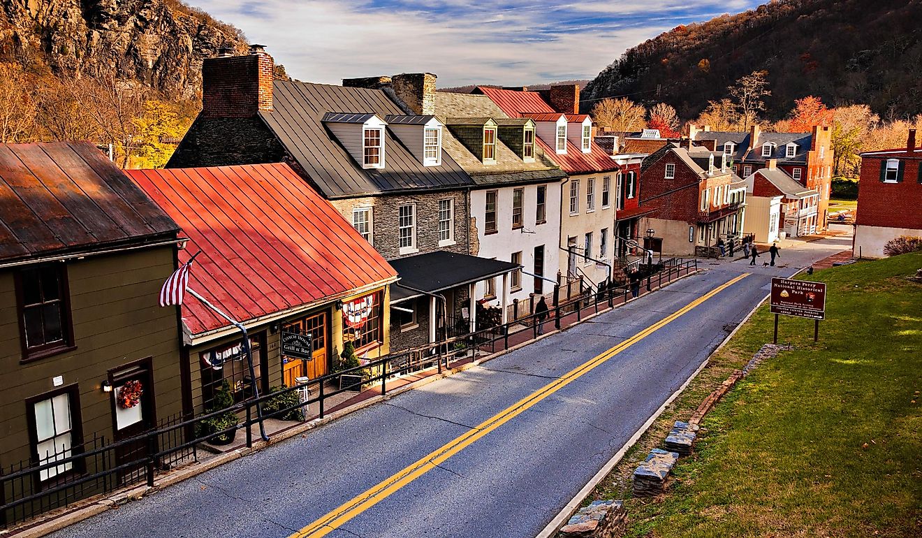 Historic buildings and shops on High Street in Harper's Ferry, West Virginia.