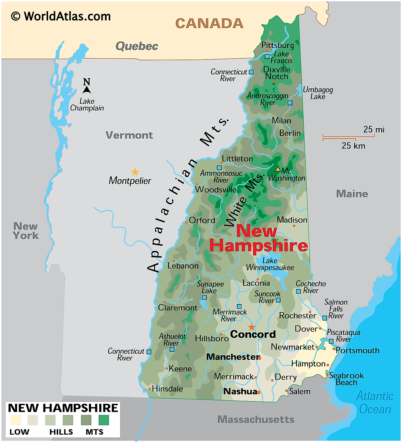 Mapa físico de New Hampshire. Muestra las características físicas de New Hampshire, incluidas sus cadenas montañosas, bosques, ríos y lagos importantes.