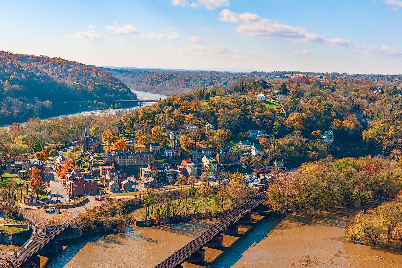 Aerial view of Harpers Ferry, West Virginia.