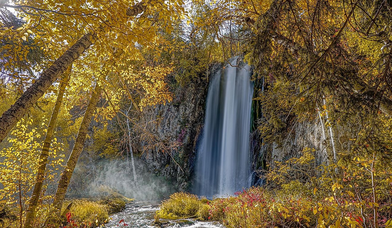 A picturesque waterfall flows through the heart of an autumn forest in Spearfish Canyon, South Dakota.