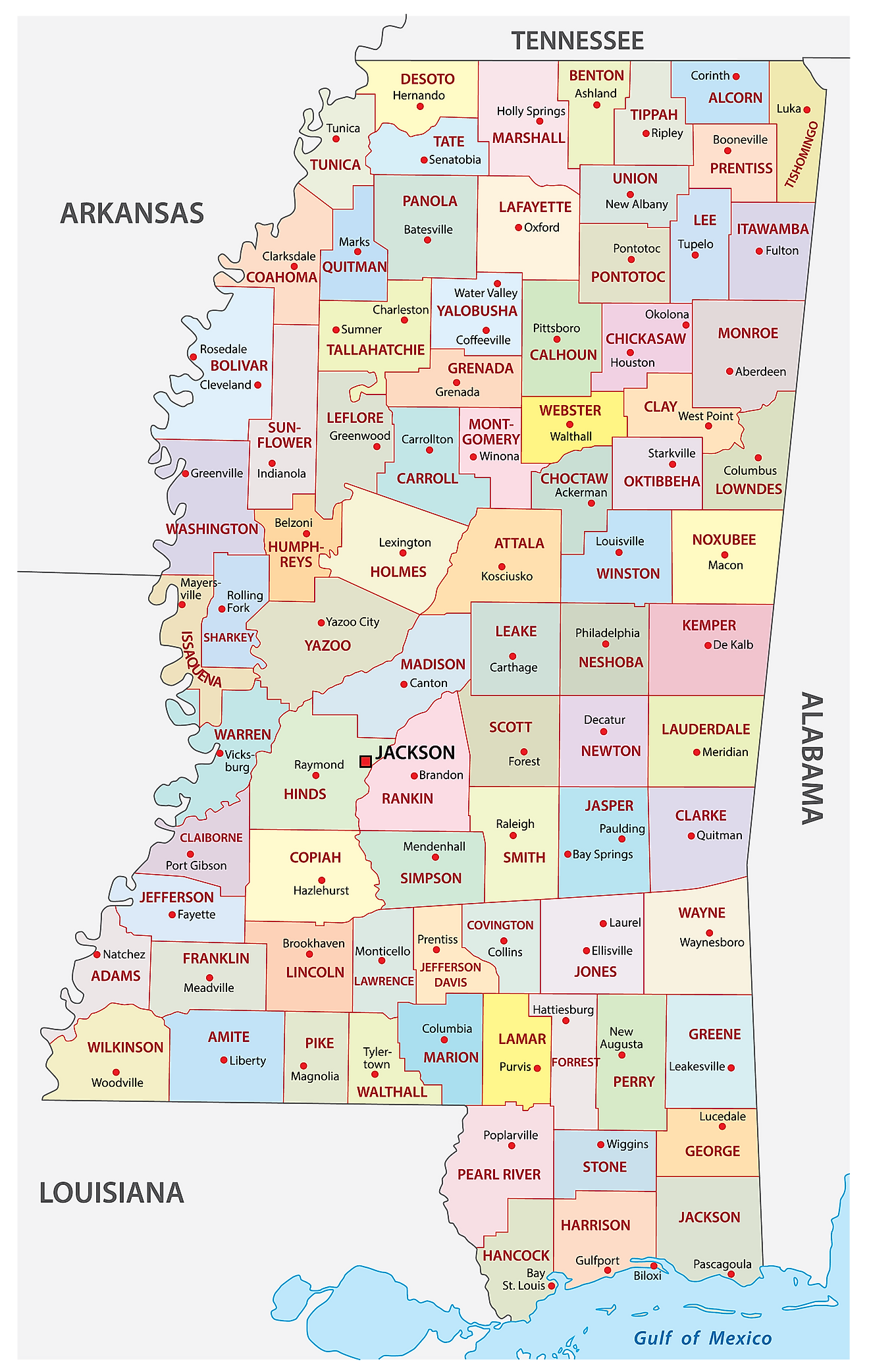 Administrative Map of Mississippi showing its 82 counties and the capital city - Jackson (officially, the City of Jackson)