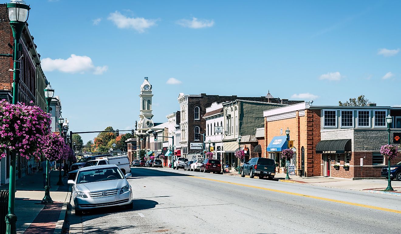 Buildings along Main Street in Georgetown, Kentucky. Image credit Alexey Stiop via Shutterstock