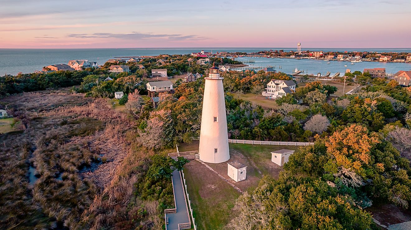 Ocracoke Lighthouse on Ocracoke, North Carolina at sunset.