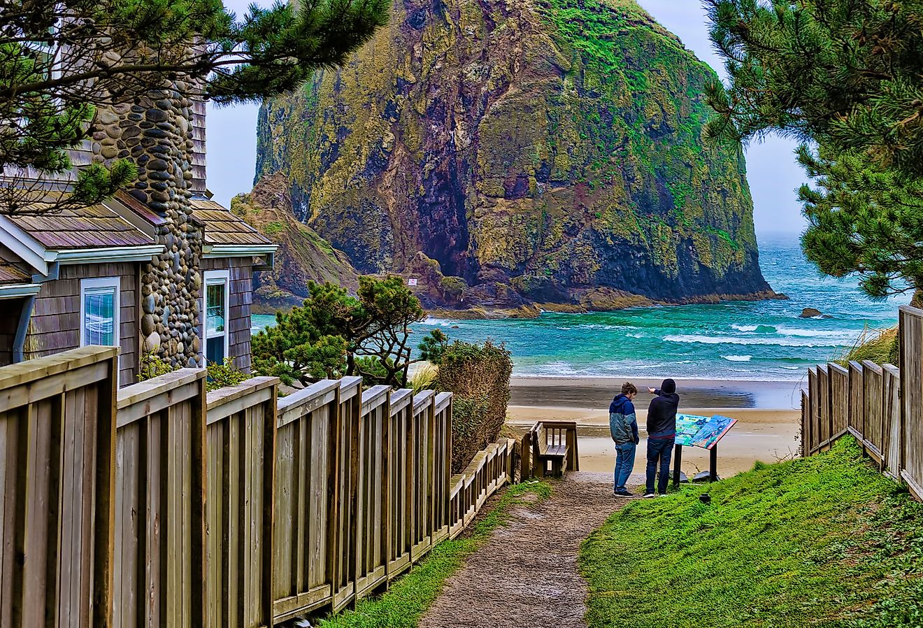 Walking path down to the beach at Cannon Beach, Oregon Coast.