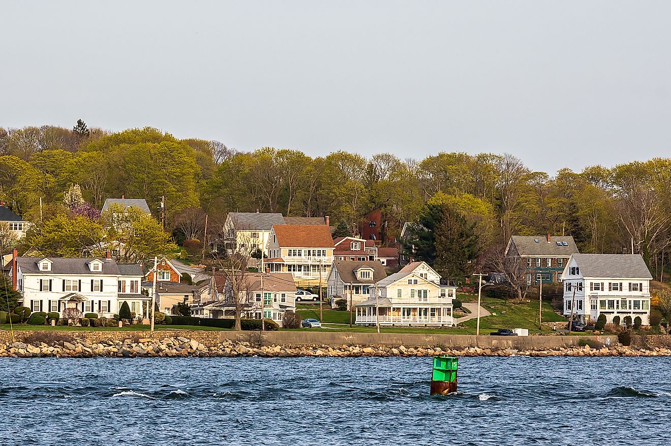 The view of the Sakonnet River flowing past Tiverton, Rhode Island.