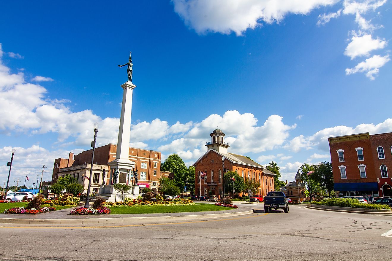 The Steuben County Soldiers Monument in downtown Angola, Indiana.