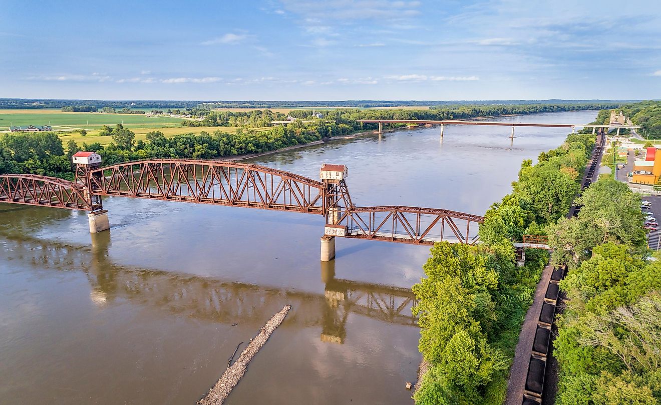 Aerial view of the historic Katy Bridge over the Missouri River at Boonville, featuring a lifted midsection and visitor observation deck.