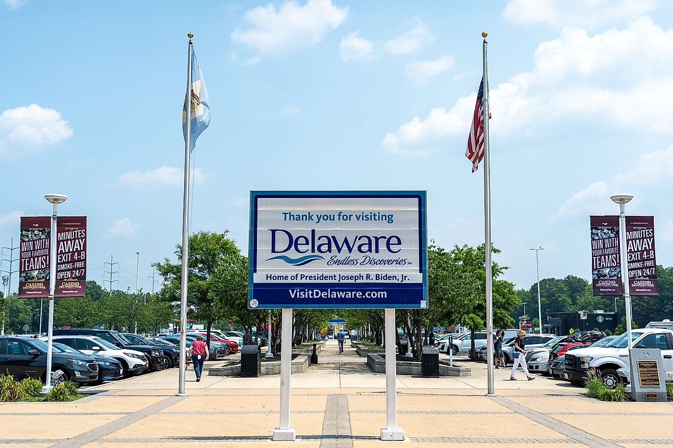 Thank you for visiting Delaware sign at the Biden Welcome Center in Newark, Delaware. Editorial credit: Rosemarie Mosteller / Shutterstock.com.