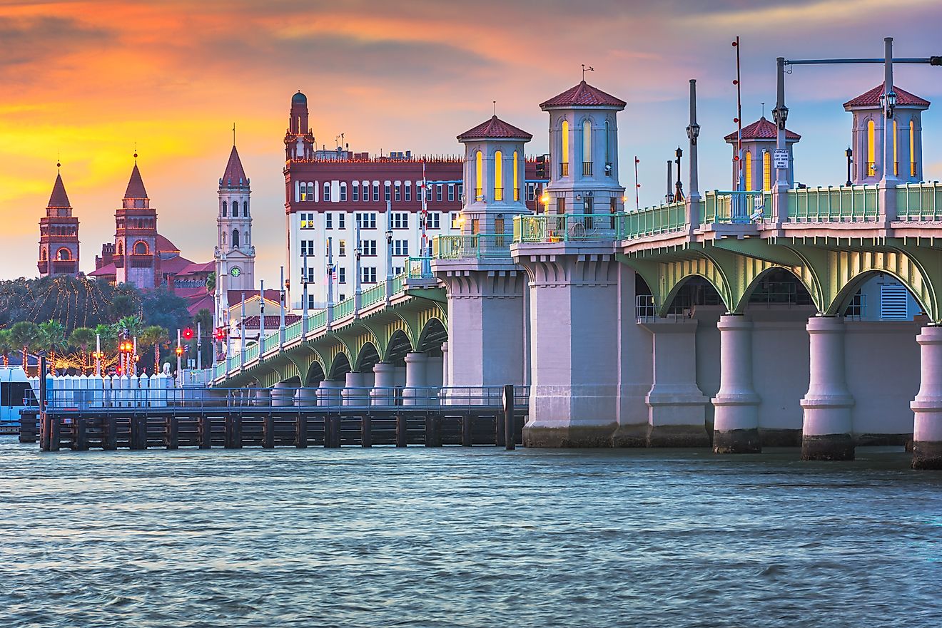 Dusk view of the city skyline and Bridge of Lions in St. Augustine, Florida, USA.