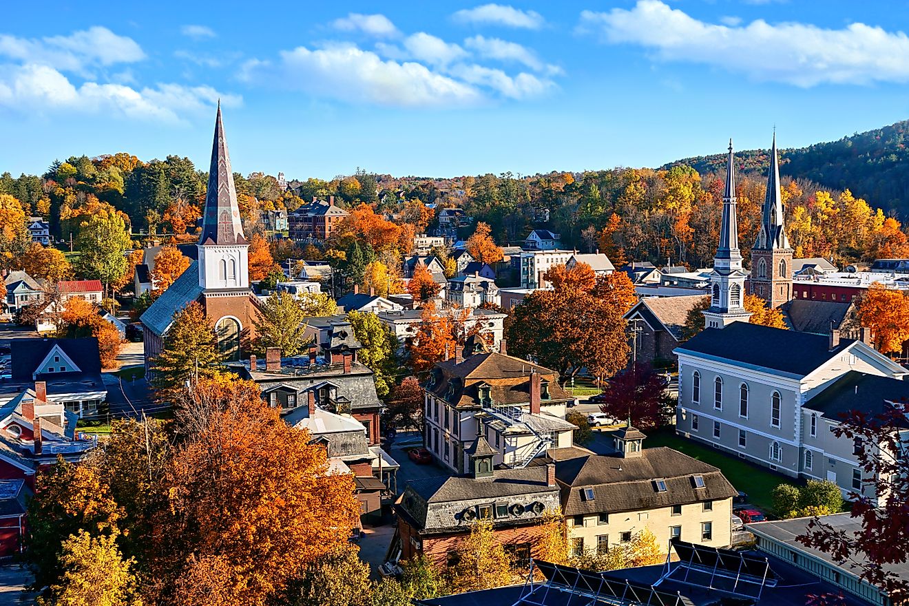 Aerial view of Montpelier during autumn in Vermont.