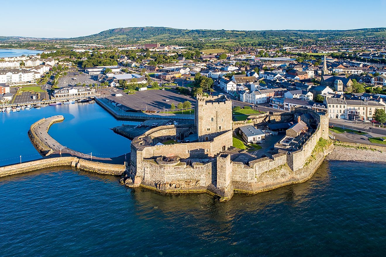 Aerial view of the medieval Norman castle in Carrickfergus, near Belfast.