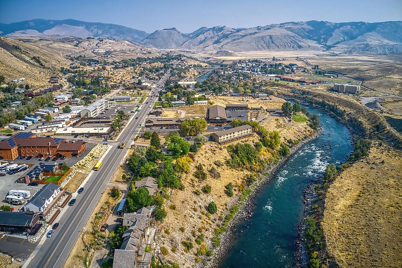 Aerial view of the town of Gardiner, Montana, located at the border of Yellowstone National Park.