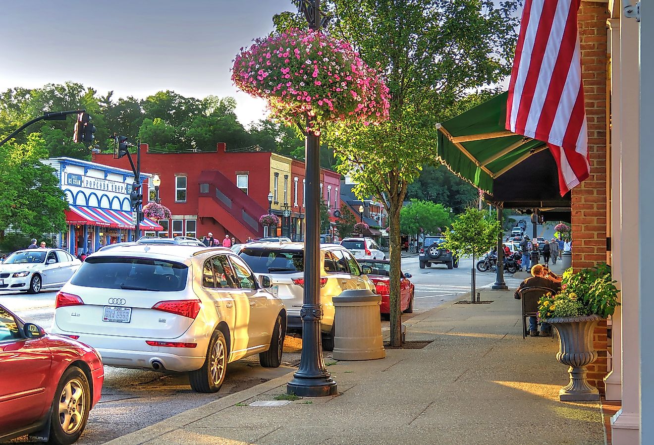 Main Street near Bell Street looking towards the Popcorn Shop and Starbucks in downtown Chagrin Falls, Ohio. Image credit Lynne Neuman via Shutterstock