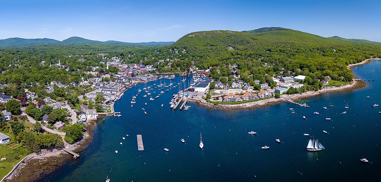 Aerial view of the Atlantic coast along Camden in Maine.